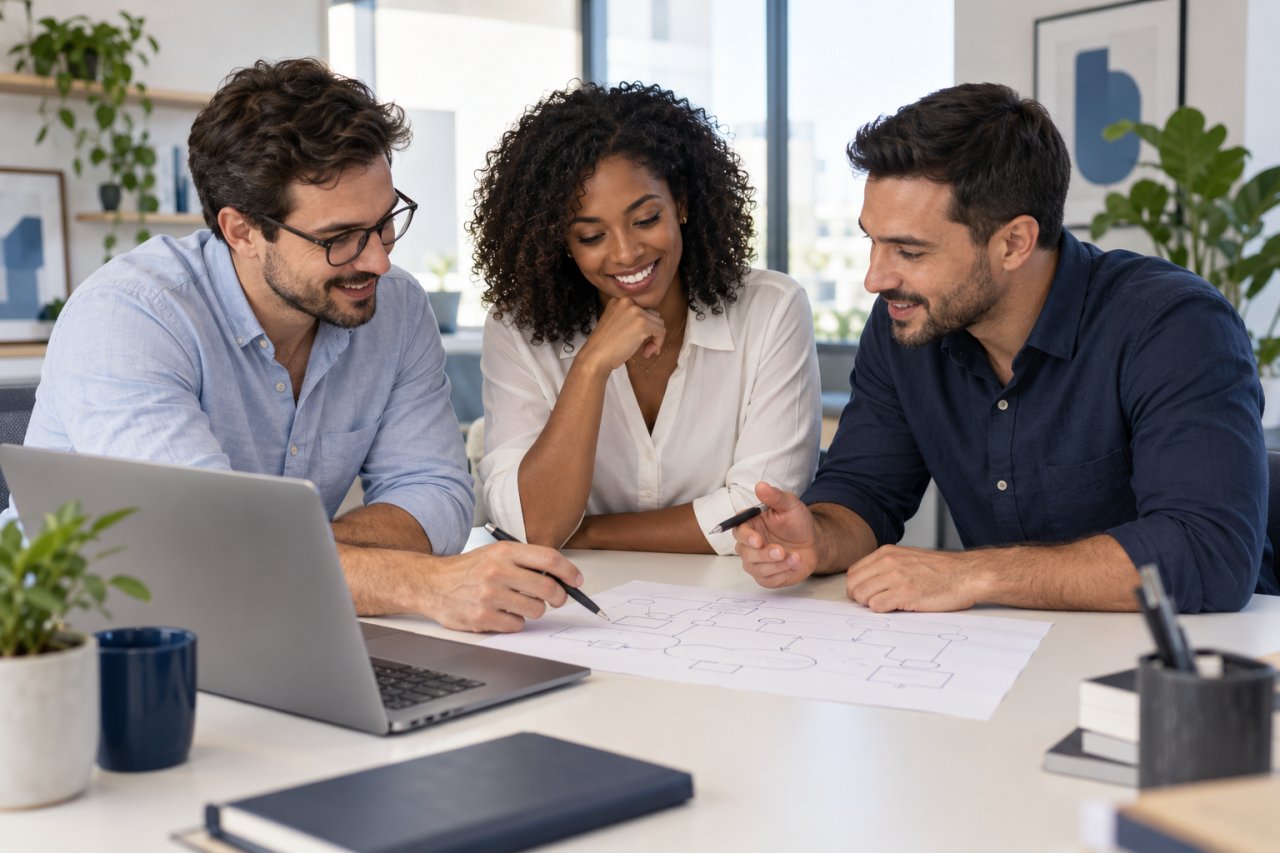 Illustrative scene of people reviewing a process and an interface together.